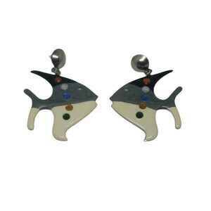 Art Deco Fish Earrings Large Metal Tricolor Rhinestone Drop Black Grey White